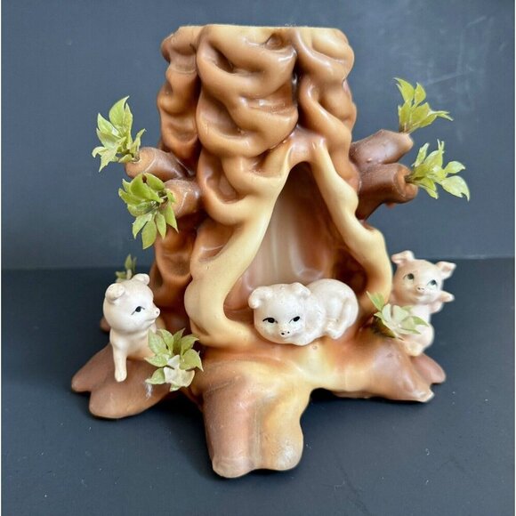 3 Little Pigs Boho Candle Decor Tree Stump Vintage 6” Large Log German Carved - Picture 1 of 10